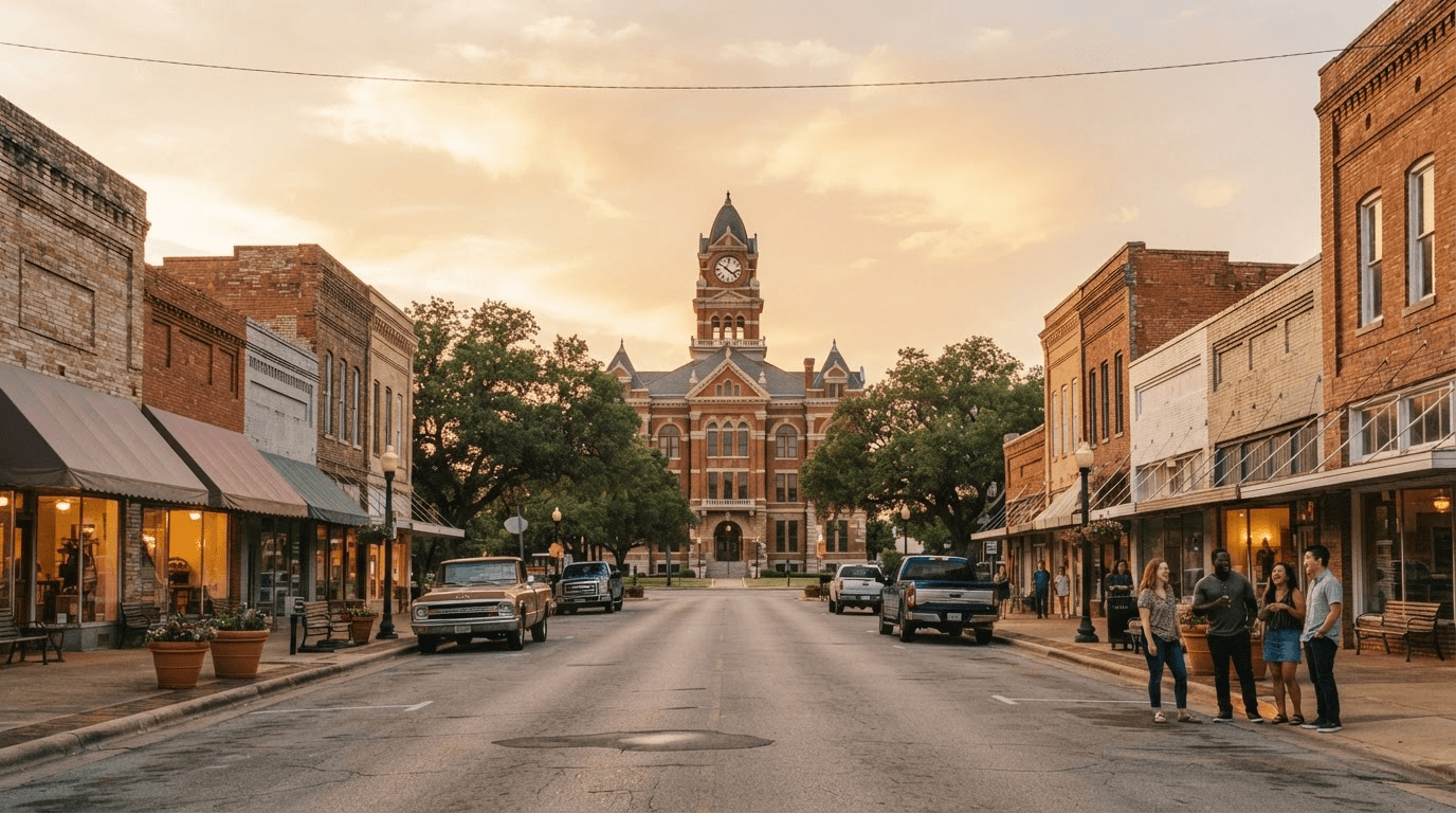 A small Texas downtown at golden hour with a courthouse clock tower