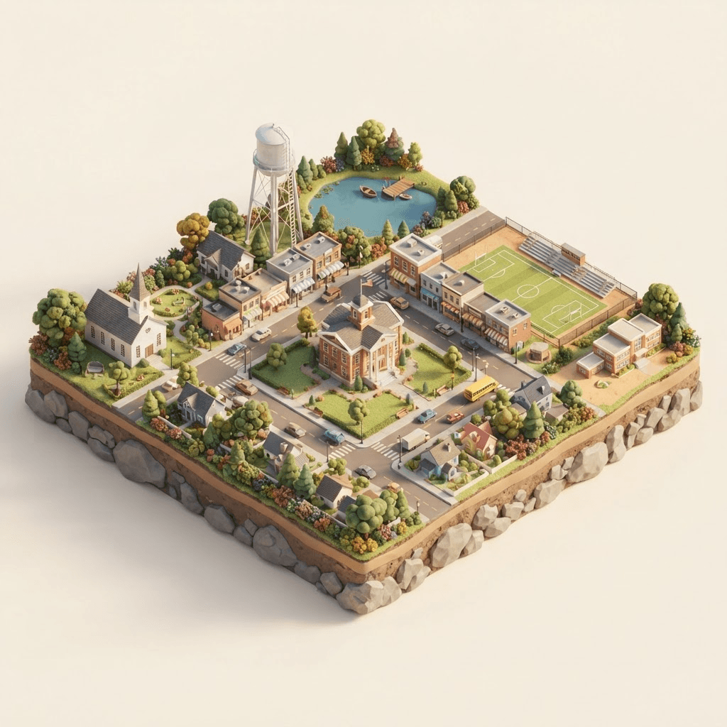 A miniature 3D model of a small Texas town with a courthouse, church, school and lake